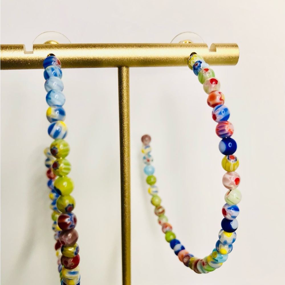 Hoop Earrings Beaded Thin 2” Multi Colored Bohemian New - Picture 7 of 7